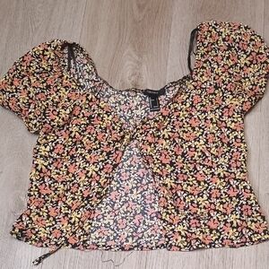 Forever 21 Orange Yellow Puff Sleeve Crop Blouse